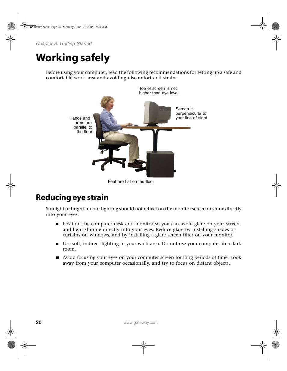 Working safely, Reducing eye strain | Gateway E-6500 User Manual | Page 25 / 116