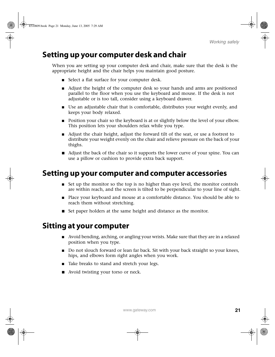 Setting up your computer desk and chair, Setting up your computer and computer accessories, Sitting at your computer | Gateway E-6500 User Manual | Page 26 / 116