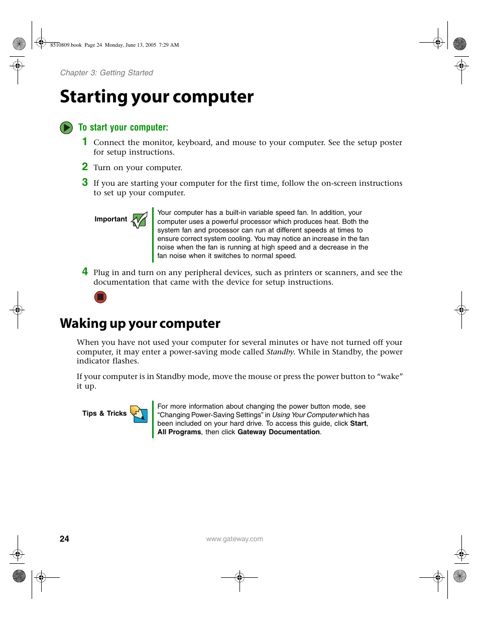 Starting your computer, Waking up your computer | Gateway E-6500 User Manual | Page 29 / 116