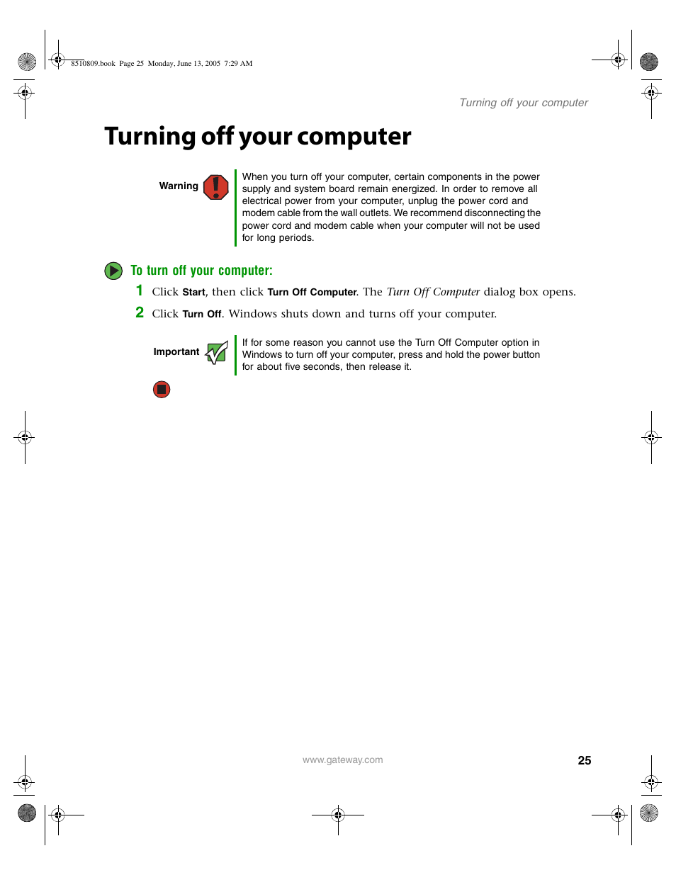 Turning off your computer | Gateway E-6500 User Manual | Page 30 / 116