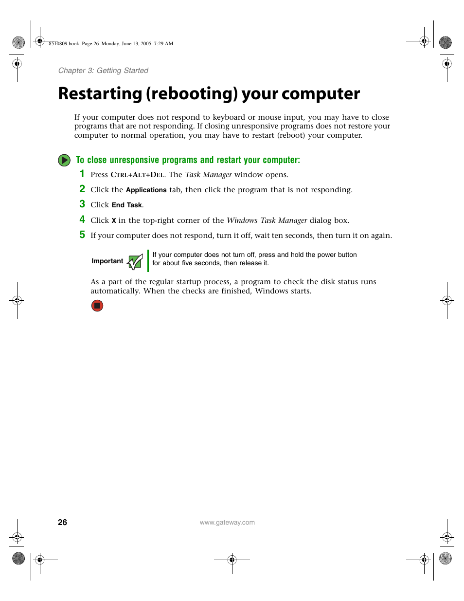 Restarting (rebooting) your computer | Gateway E-6500 User Manual | Page 31 / 116