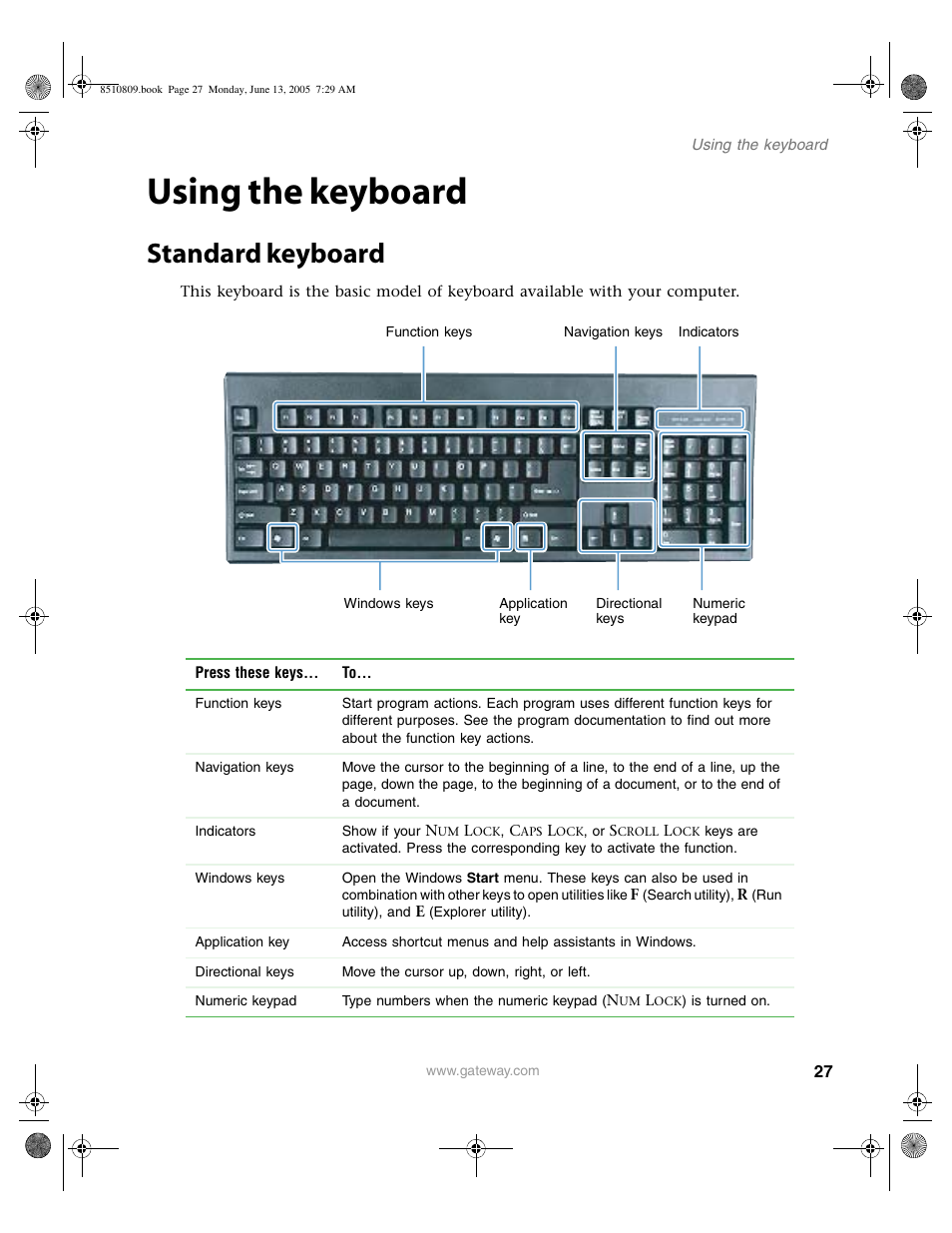 Using the keyboard, Standard keyboard | Gateway E-6500 User Manual | Page 32 / 116