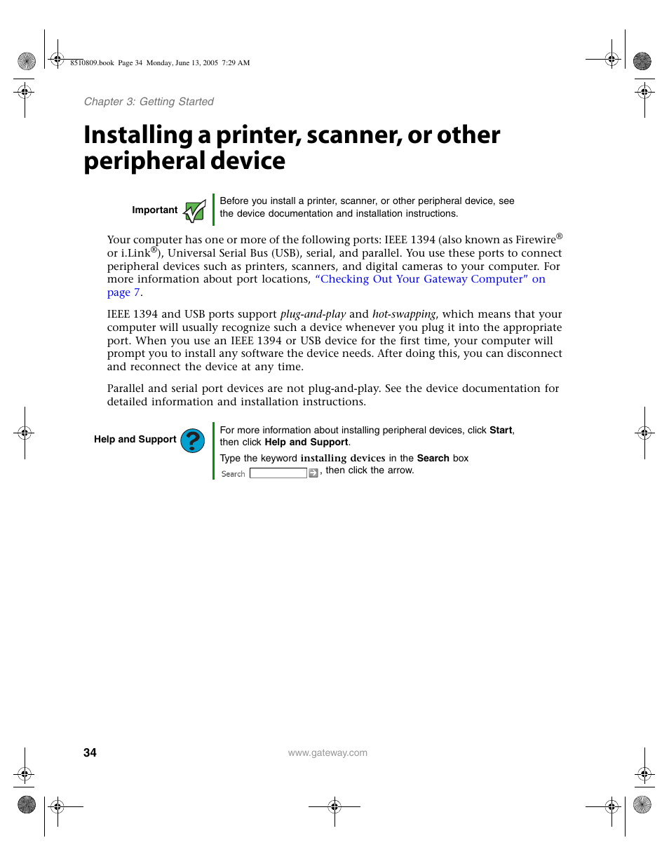 Installing a printer, scanner, or other, D white. see, Installing a printer | Gateway E-6500 User Manual | Page 39 / 116