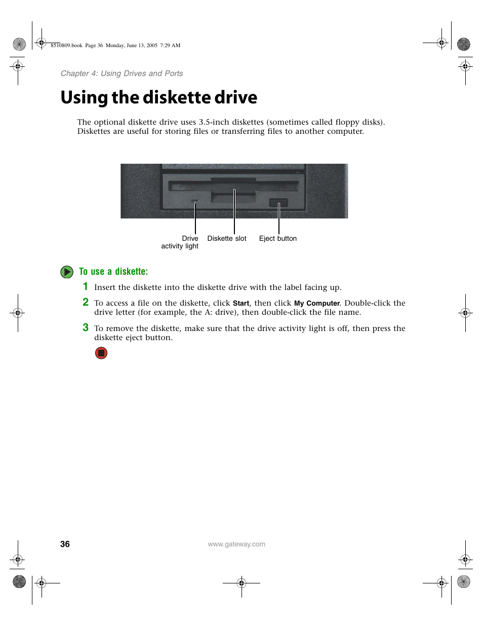 Using the diskette drive | Gateway E-6500 User Manual | Page 41 / 116