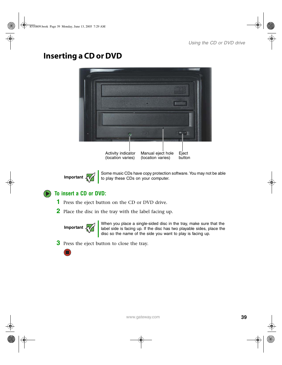 Inserting a cd or dvd | Gateway E-6500 User Manual | Page 44 / 116