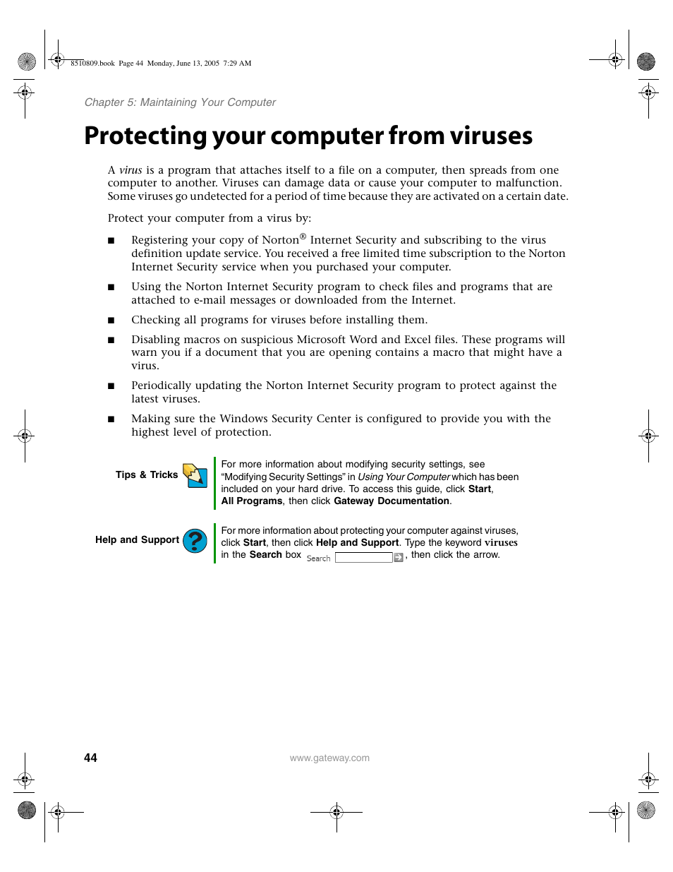 Protecting your computer from viruses | Gateway E-6500 User Manual | Page 49 / 116