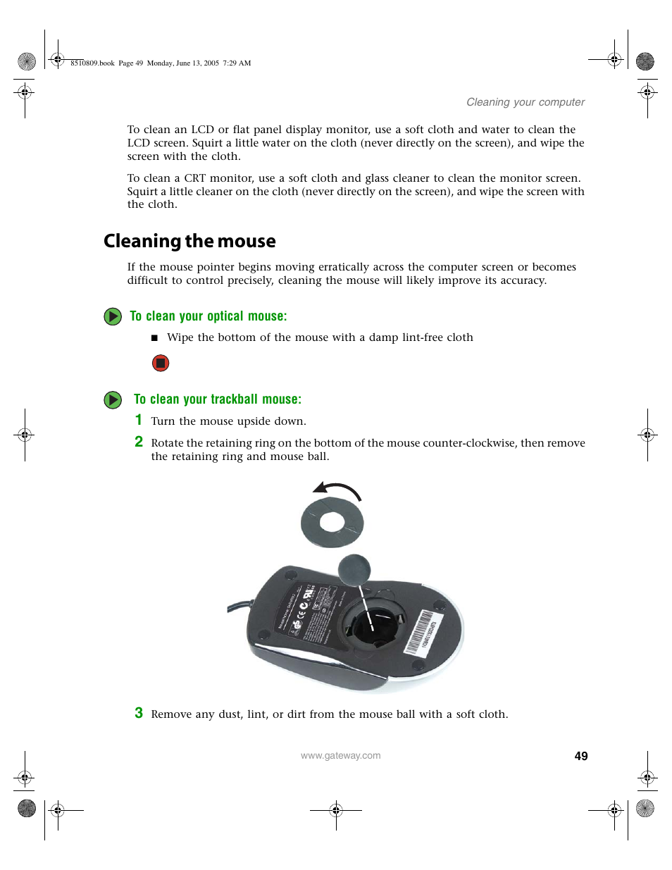 Cleaning the mouse | Gateway E-6500 User Manual | Page 54 / 116