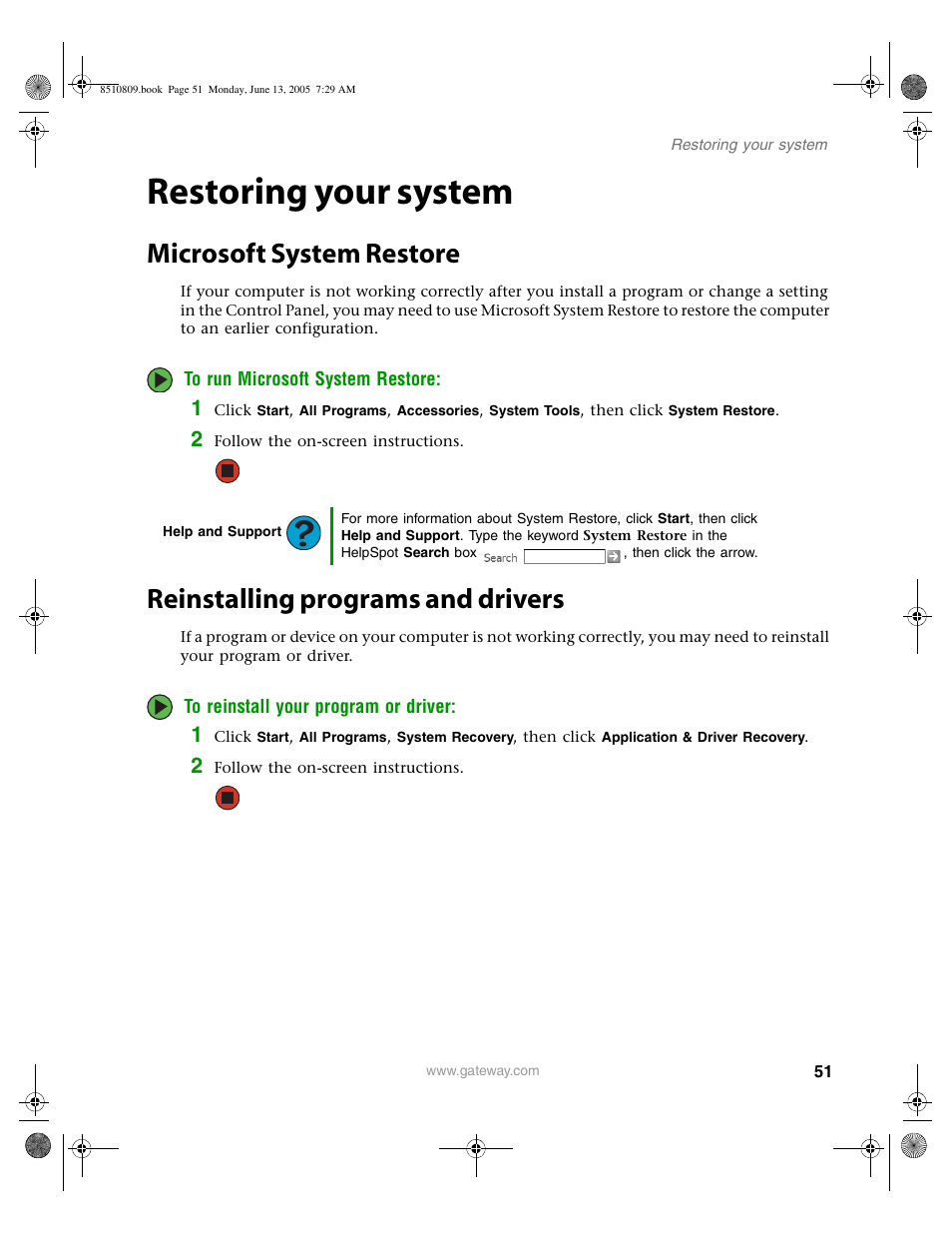 Restoring your system, Microsoft system restore, Reinstalling programs and drivers | Gateway E-6500 User Manual | Page 56 / 116