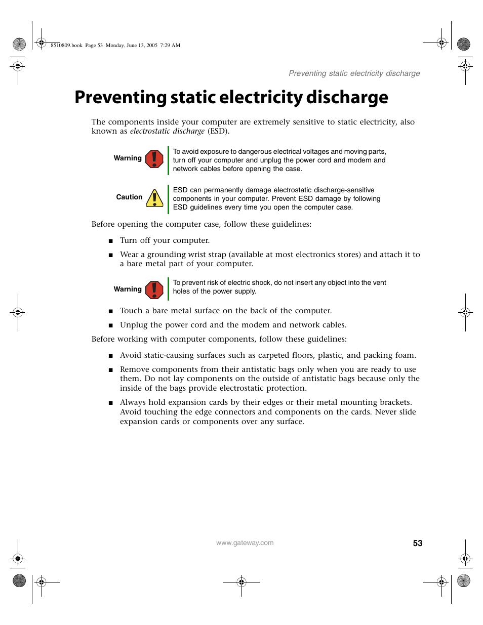 Preventing static electricity discharge | Gateway E-6500 User Manual | Page 58 / 116