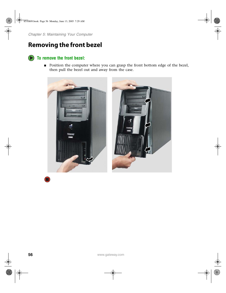 Removing the front bezel | Gateway E-6500 User Manual | Page 61 / 116