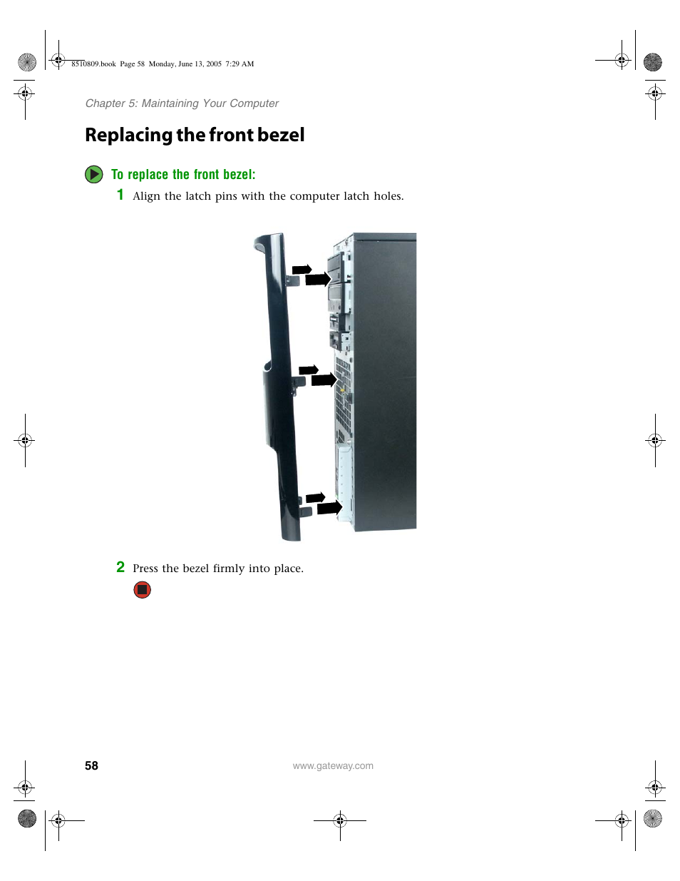 Replacing the front bezel | Gateway E-6500 User Manual | Page 63 / 116