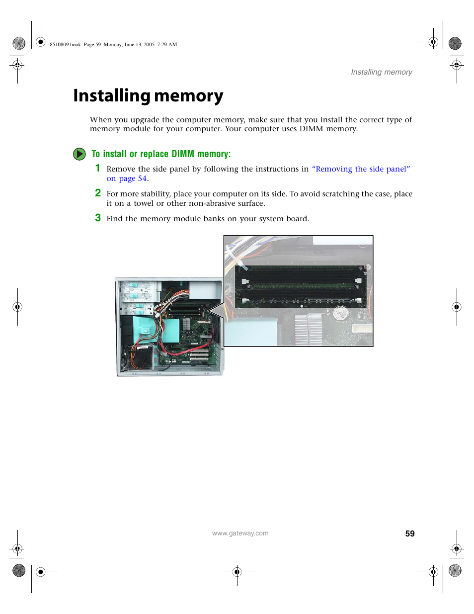 Installing memory | Gateway E-6500 User Manual | Page 64 / 116