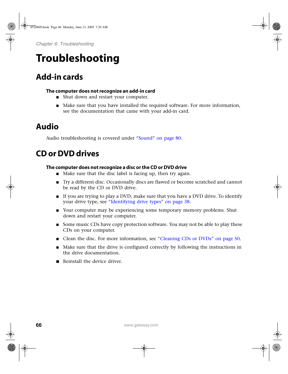 Troubleshooting, Add-in cards, Audio | Cd or dvd drives, Add-in cards audio cd or dvd drives | Gateway E-6500 User Manual | Page 71 / 116