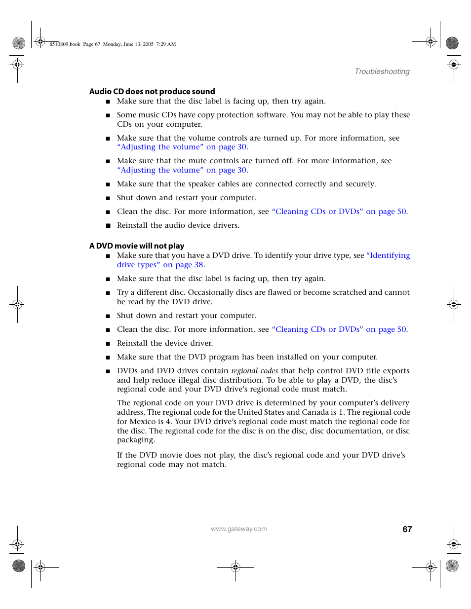 Audio cd does not produce sound, A dvd movie will not play | Gateway E-6500 User Manual | Page 72 / 116