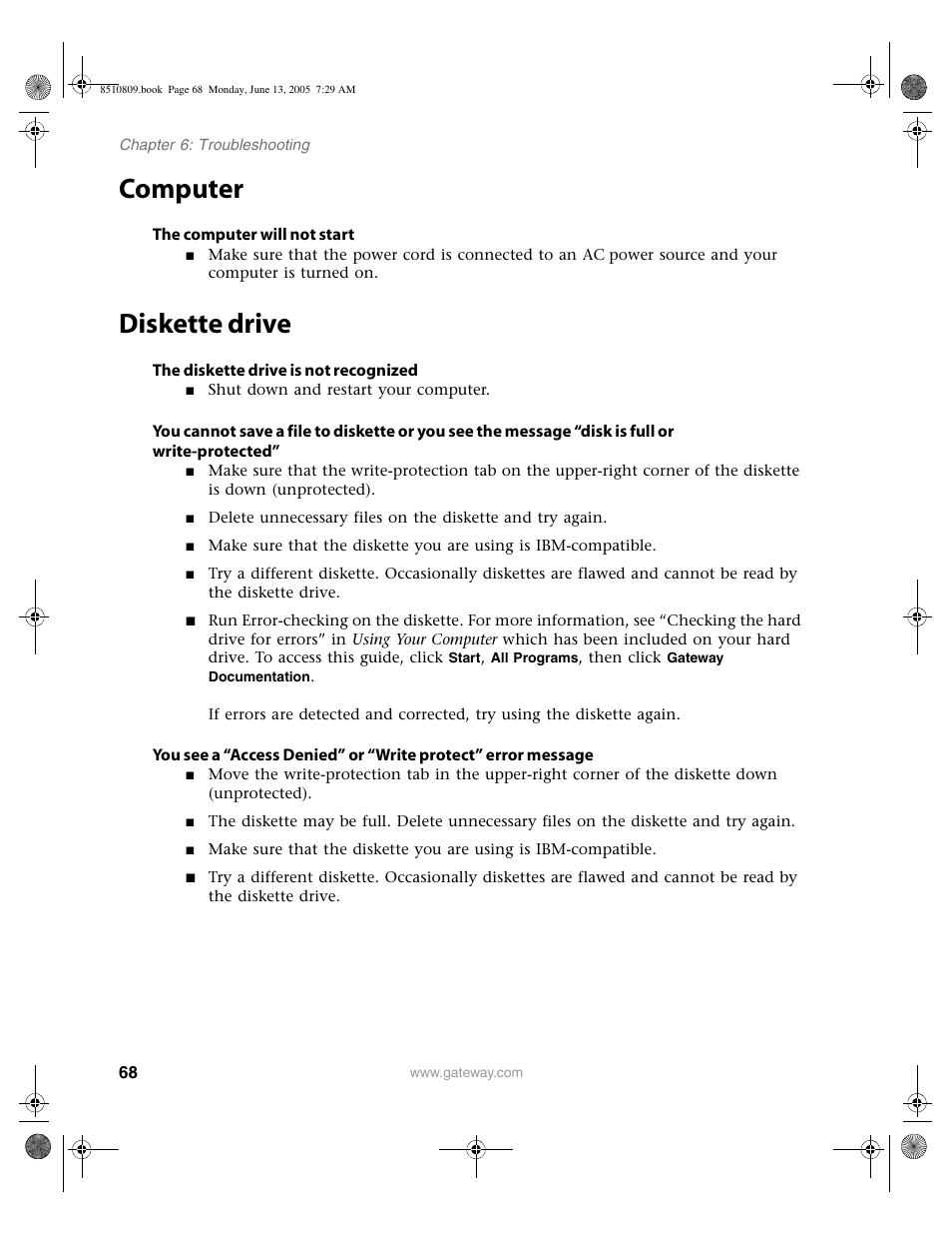 Computer, Diskette drive, Computer diskette drive | Gateway E-6500 User Manual | Page 73 / 116
