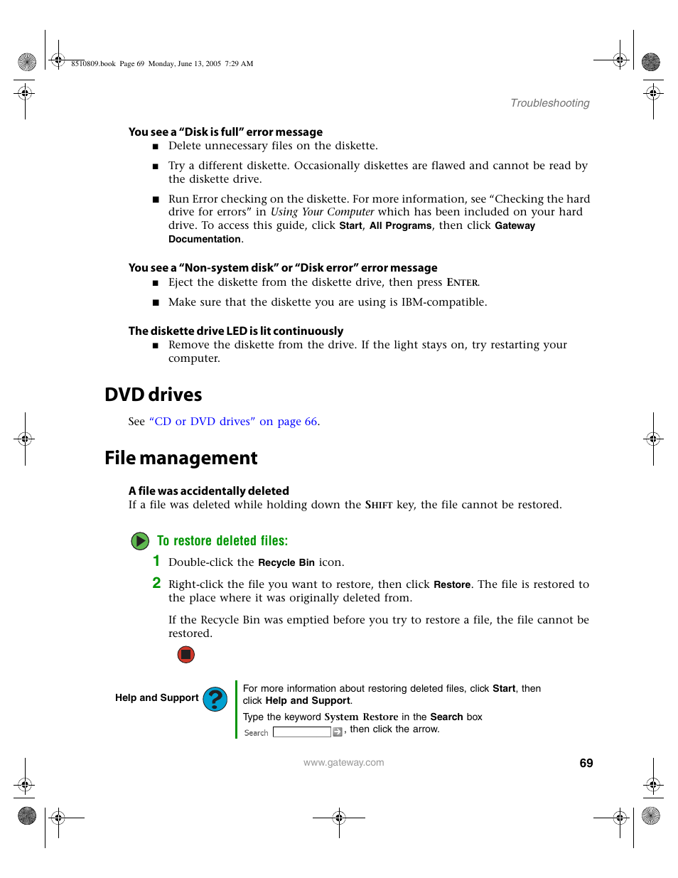 Dvd drives, File management, Dvd drives file management | Gateway E-6500 User Manual | Page 74 / 116