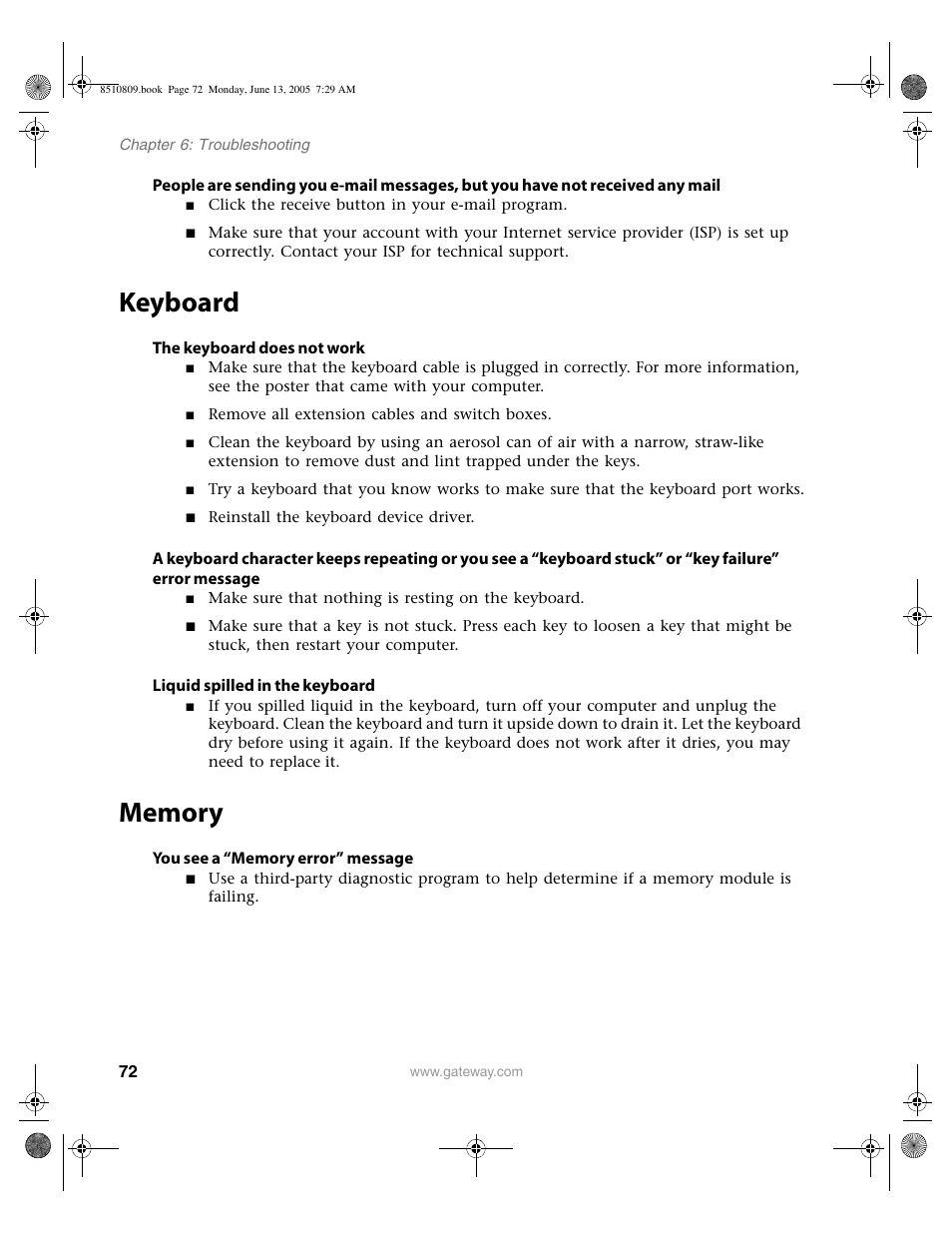 Keyboard, Memory, Keyboard memory | Gateway E-6500 User Manual | Page 77 / 116