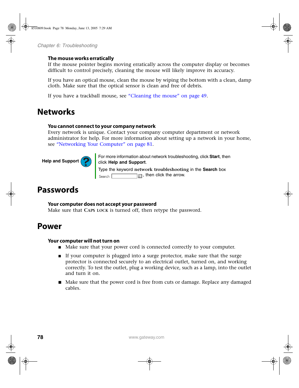 Networks, Passwords, Power | Networks passwords power | Gateway E-6500 User Manual | Page 83 / 116