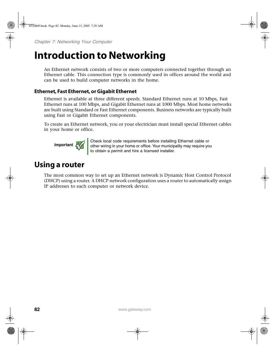 Introduction to networking, Ethernet, fast ethernet, or gigabit ethernet, Using a router | Gateway E-6500 User Manual | Page 87 / 116