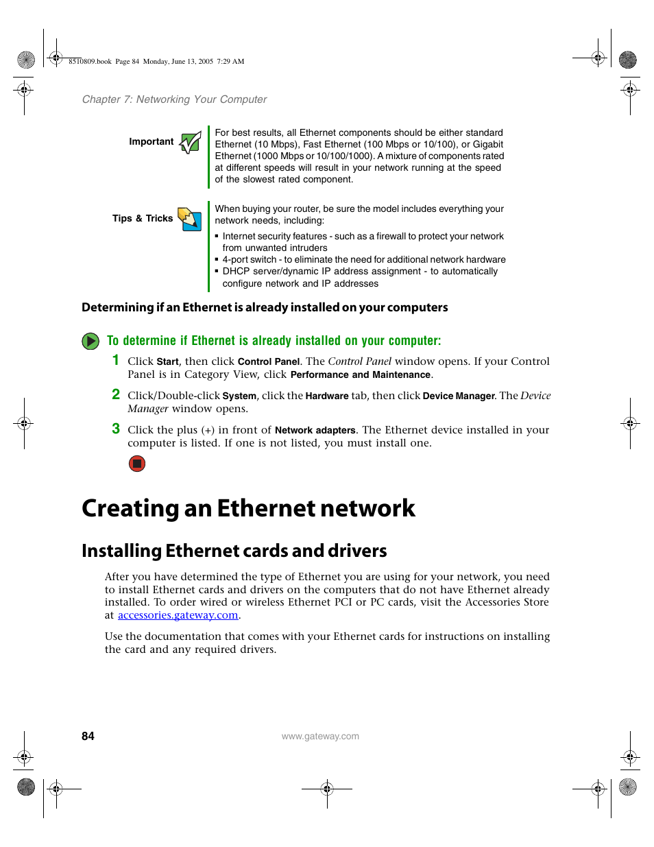 Creating an ethernet network, Installing ethernet cards and drivers | Gateway E-6500 User Manual | Page 89 / 116