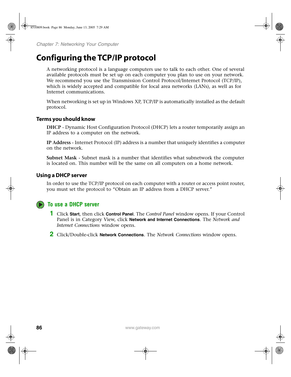 Configuring the tcp/ip protocol, Terms you should know, Using a dhcp server | Gateway E-6500 User Manual | Page 91 / 116