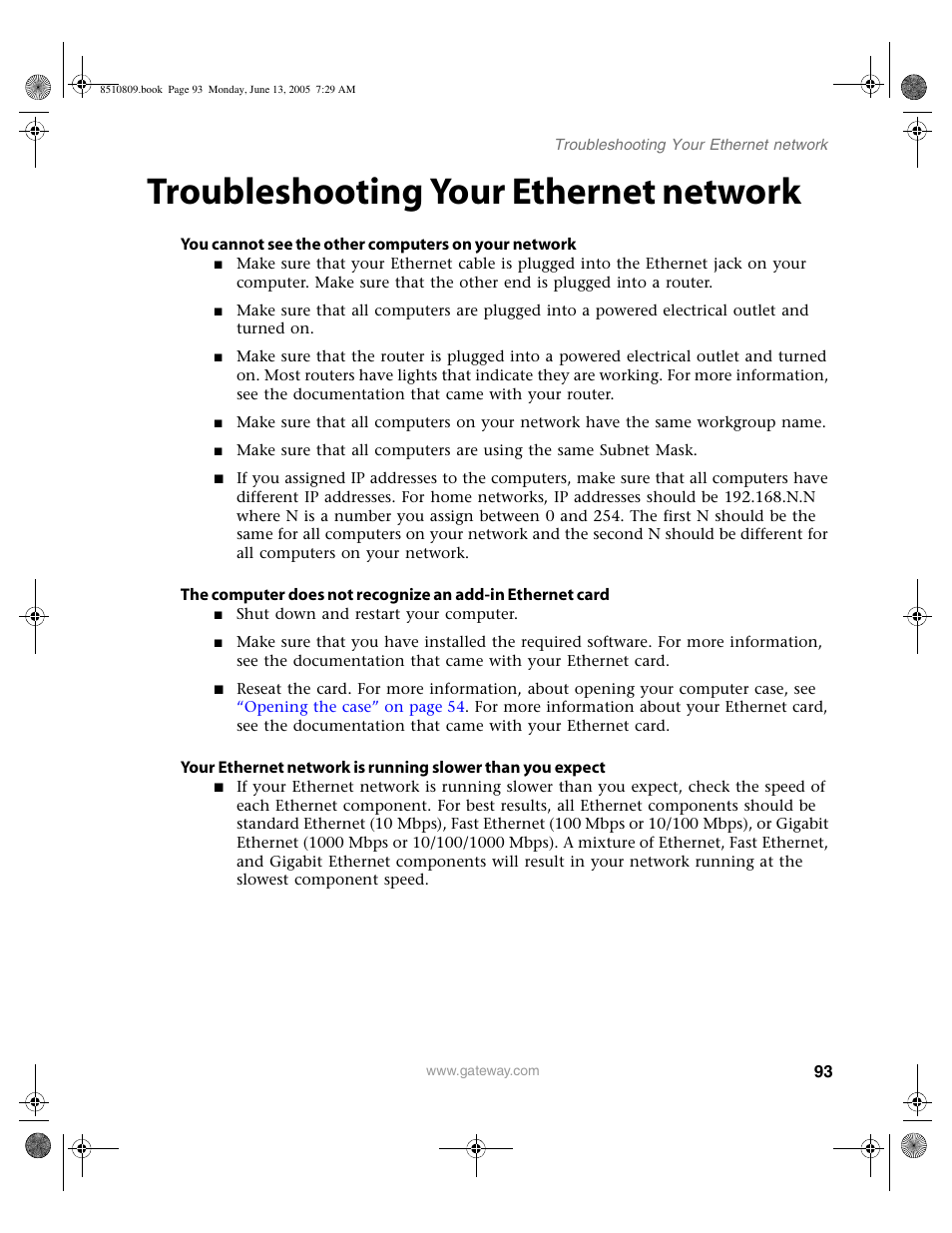 Troubleshooting your ethernet network | Gateway E-6500 User Manual | Page 98 / 116