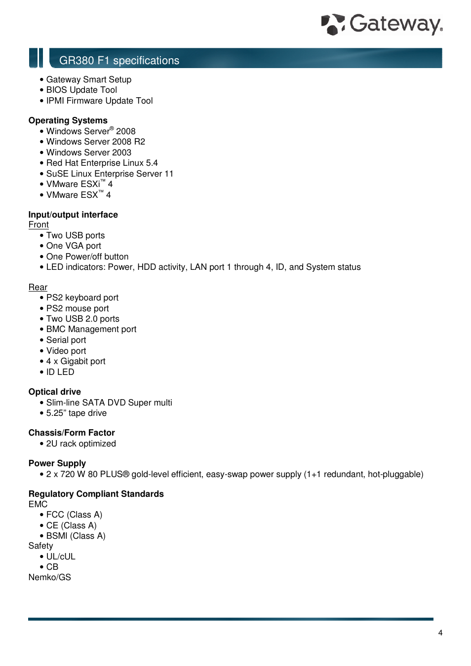 Gr380 f1 specifications | Gateway GR380 F1 User Manual | Page 4 / 17