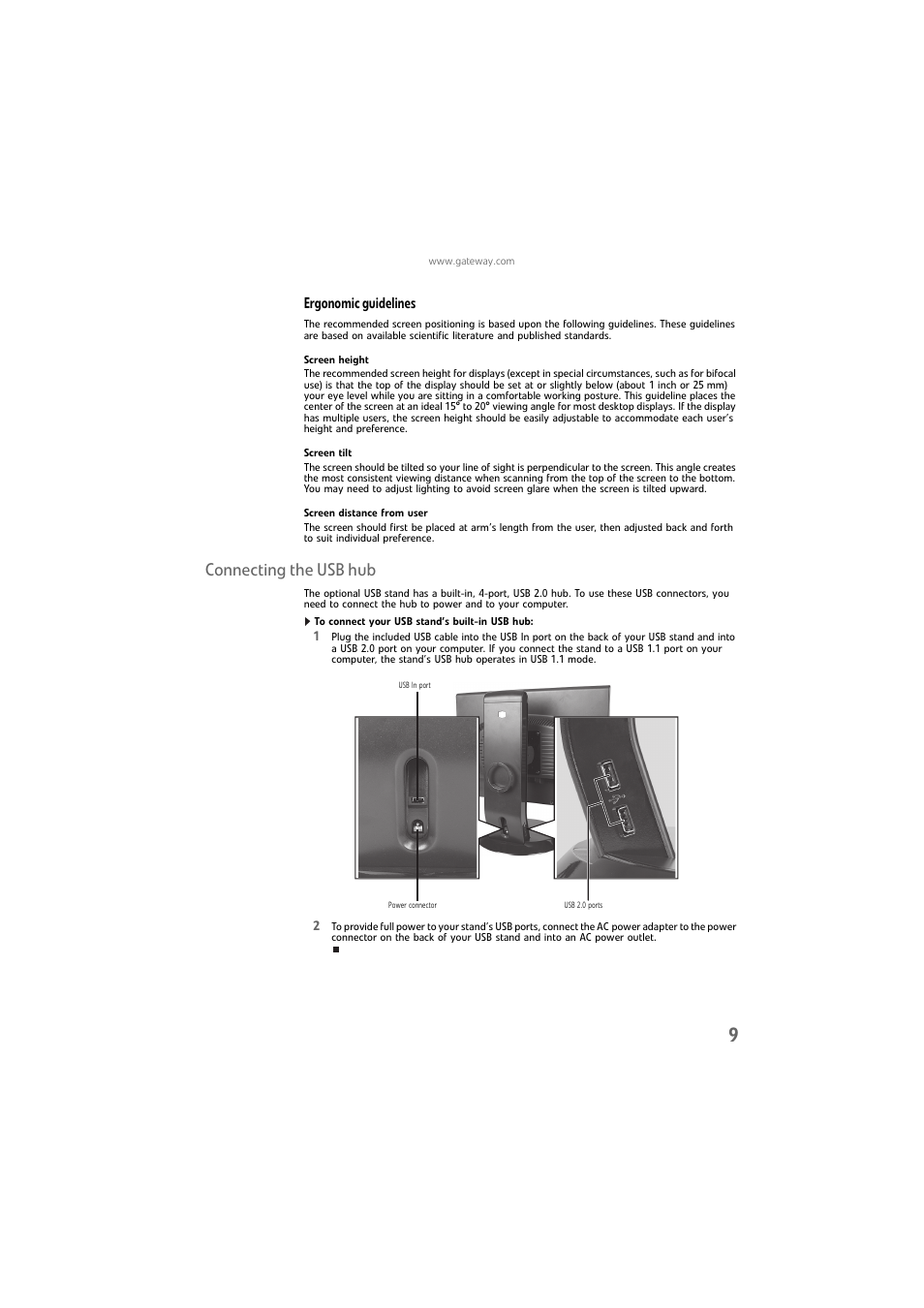 Ergonomic guidelines, Connecting the usb hub | Gateway FPD1976W User Manual | Page 13 / 32