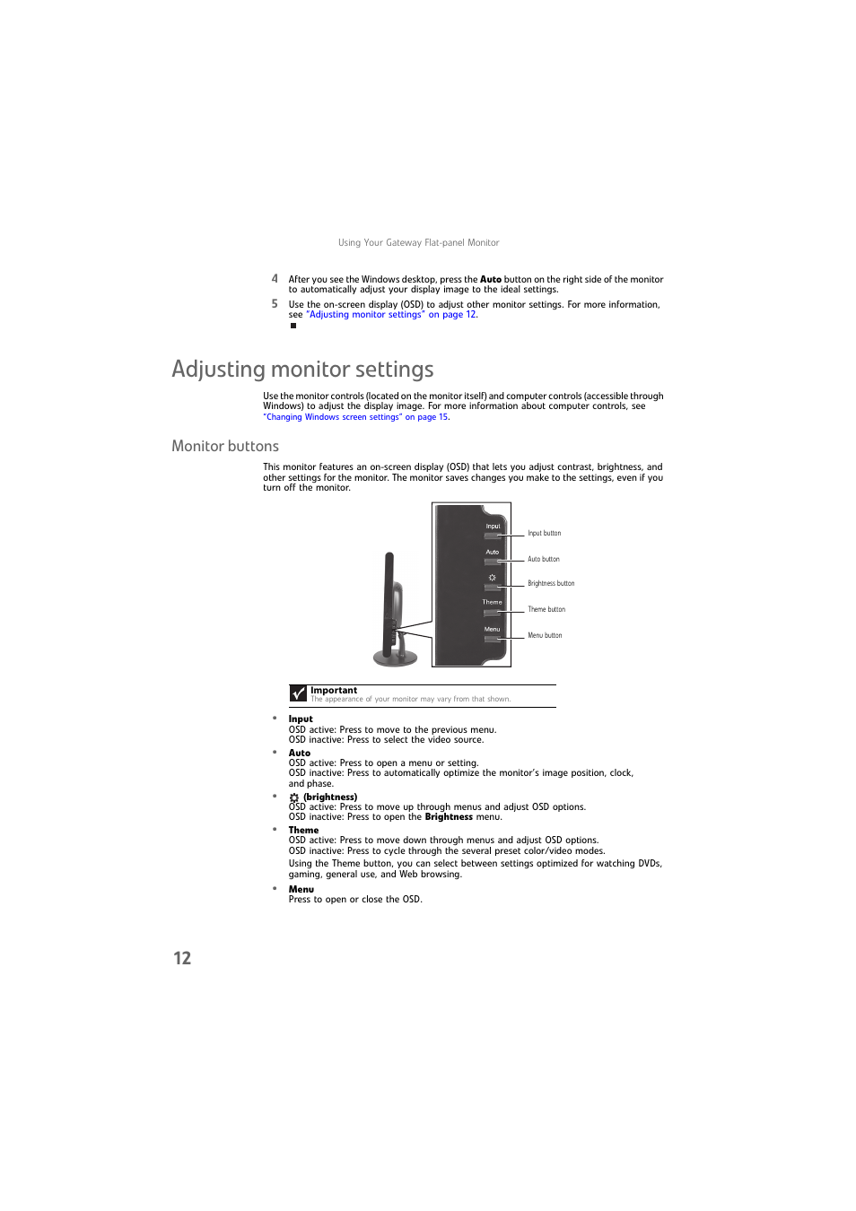 Adjusting monitor settings, Monitor buttons | Gateway FPD1976W User Manual | Page 16 / 32