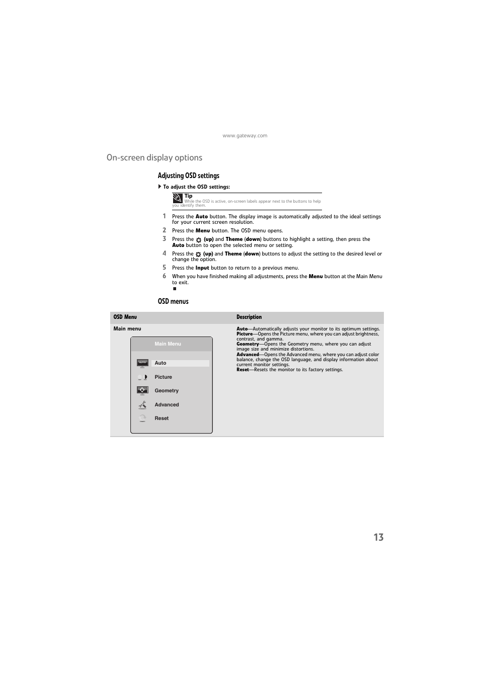On-screen display options, Adjusting osd settings, Osd menus | Gateway FPD1976W User Manual | Page 17 / 32