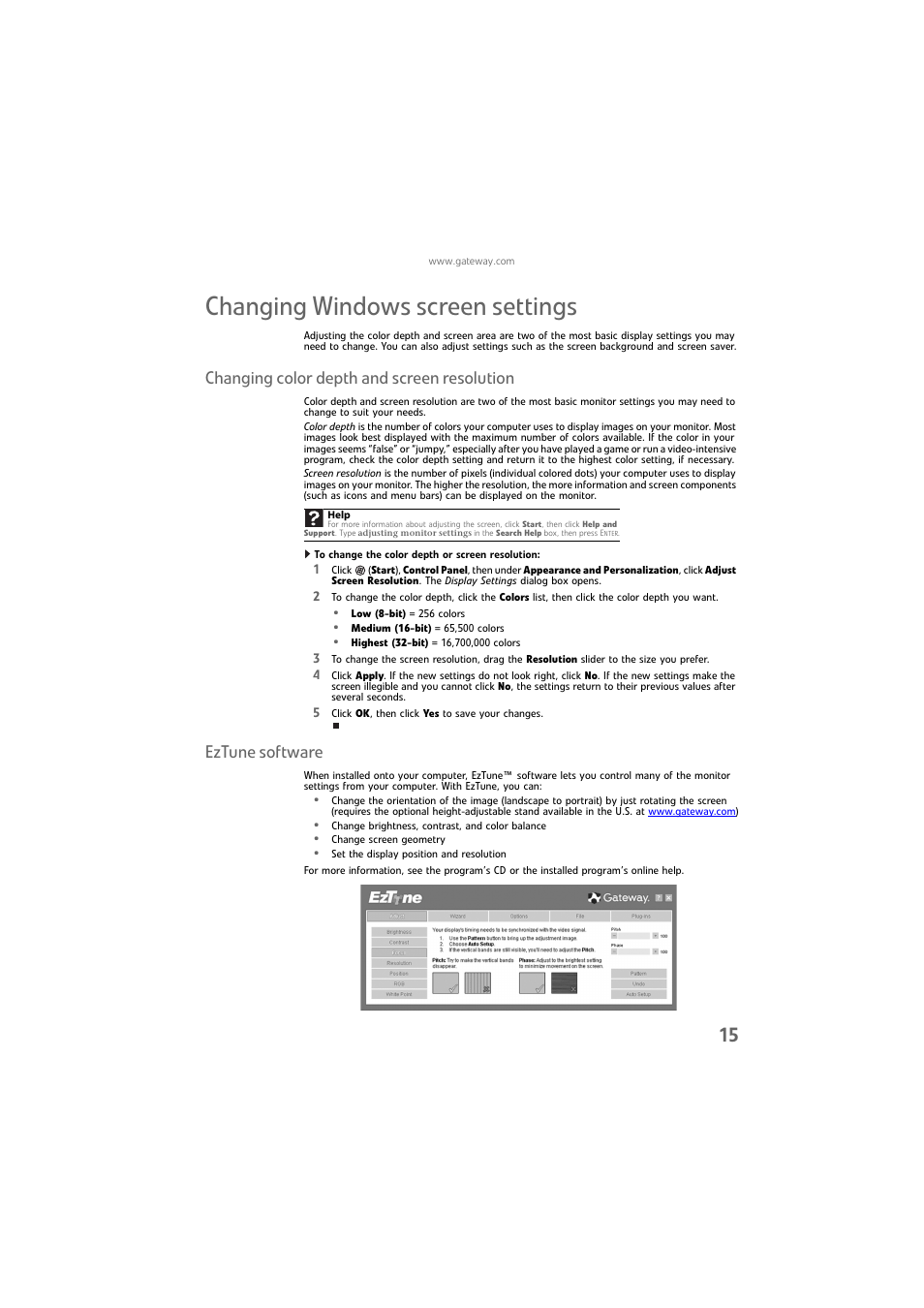 Changing windows screen settings, Changing color depth and screen resolution, Eztune software | Gateway FPD1976W User Manual | Page 19 / 32