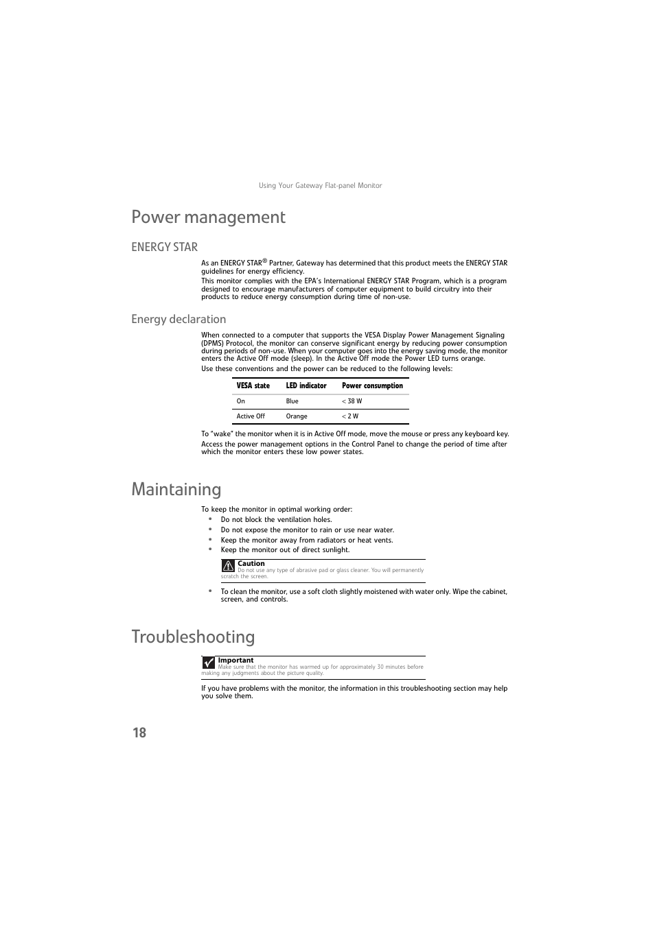 Power management, Energy star, Energy declaration | Maintaining, Troubleshooting, Energy star energy declaration, Maintaining troubleshooting | Gateway FPD1976W User Manual | Page 22 / 32