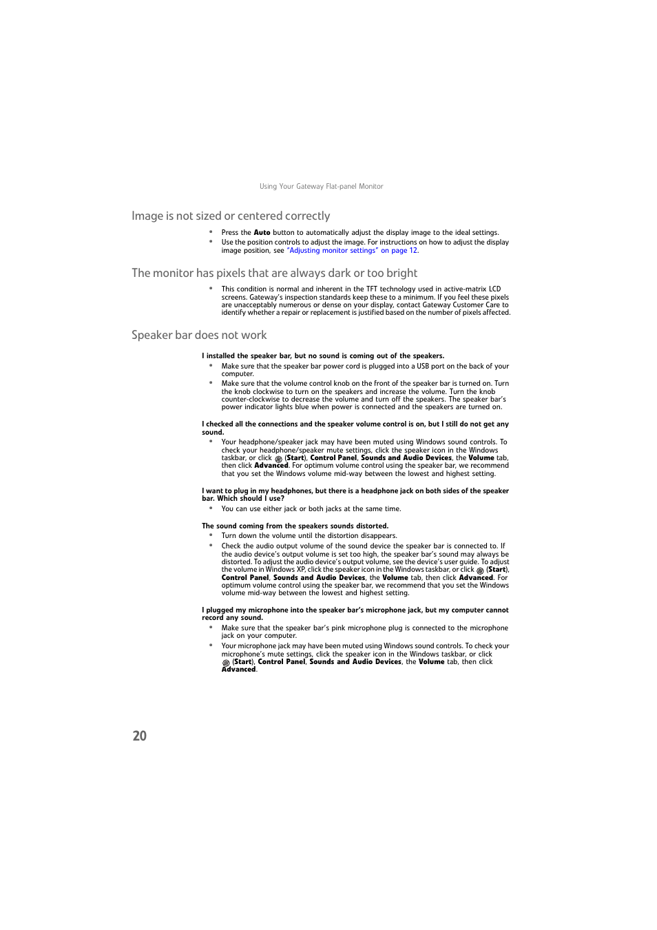 Image is not sized or centered correctly, Speaker bar does not work | Gateway FPD1976W User Manual | Page 24 / 32