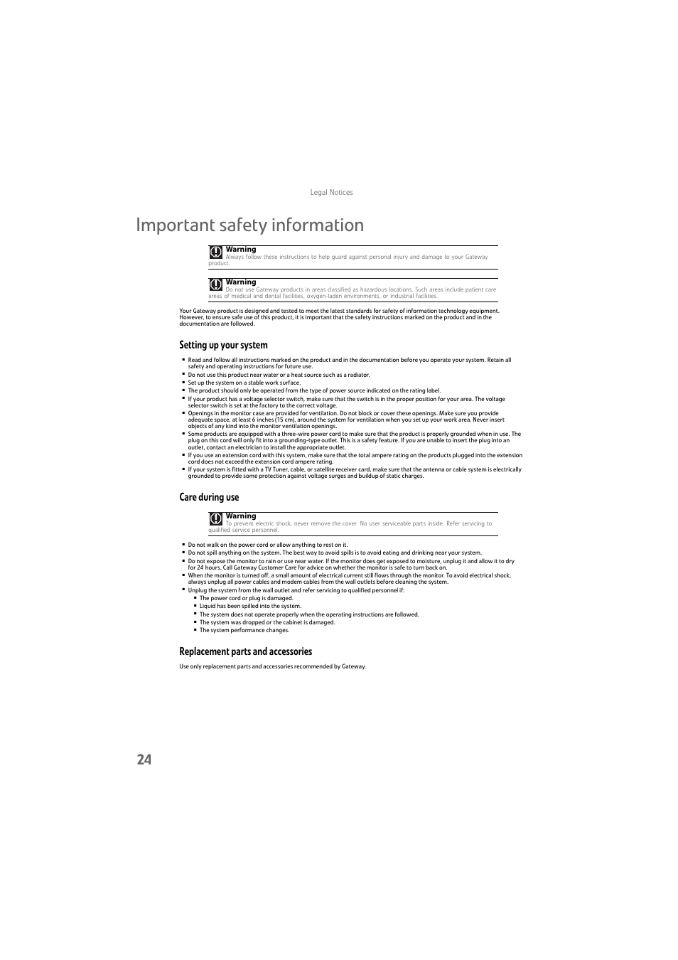 Important safety information, Setting up your system, Care during use | Replacement parts and accessories | Gateway FPD1976W User Manual | Page 28 / 32