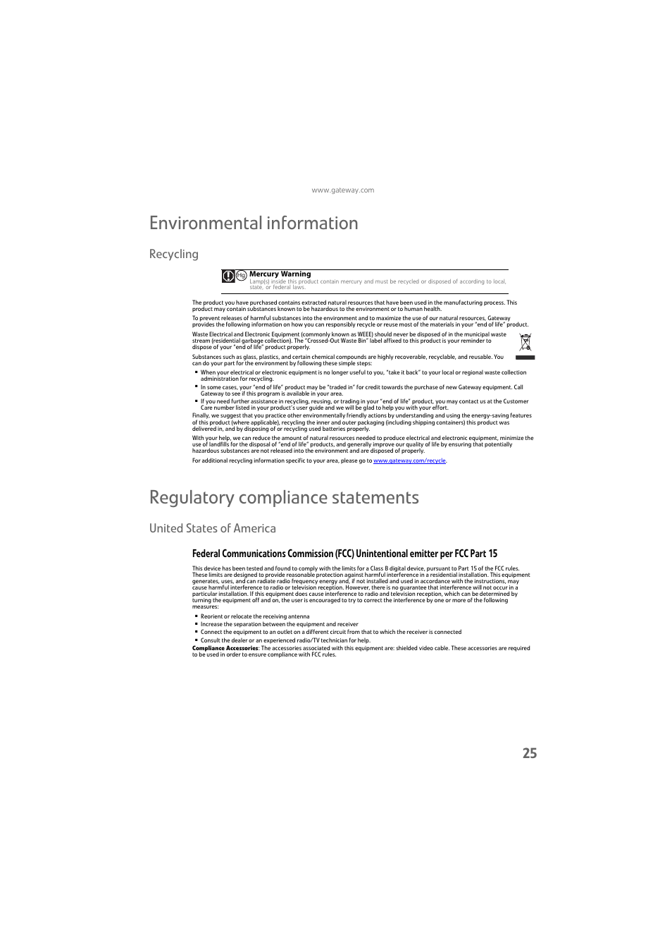 Recycling, Environmental information, Regulatory compliance statements | United states of america | Gateway FPD1976W User Manual | Page 29 / 32