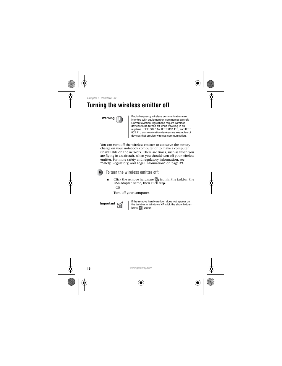 Turning the wireless emitter off | Gateway WBU-110 User Manual | Page 20 / 52