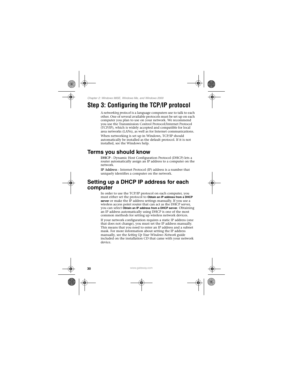 Step 3: configuring the tcp/ip protocol, Terms you should know, Setting up a dhcp ip address for each computer | Gateway WBU-110 User Manual | Page 34 / 52