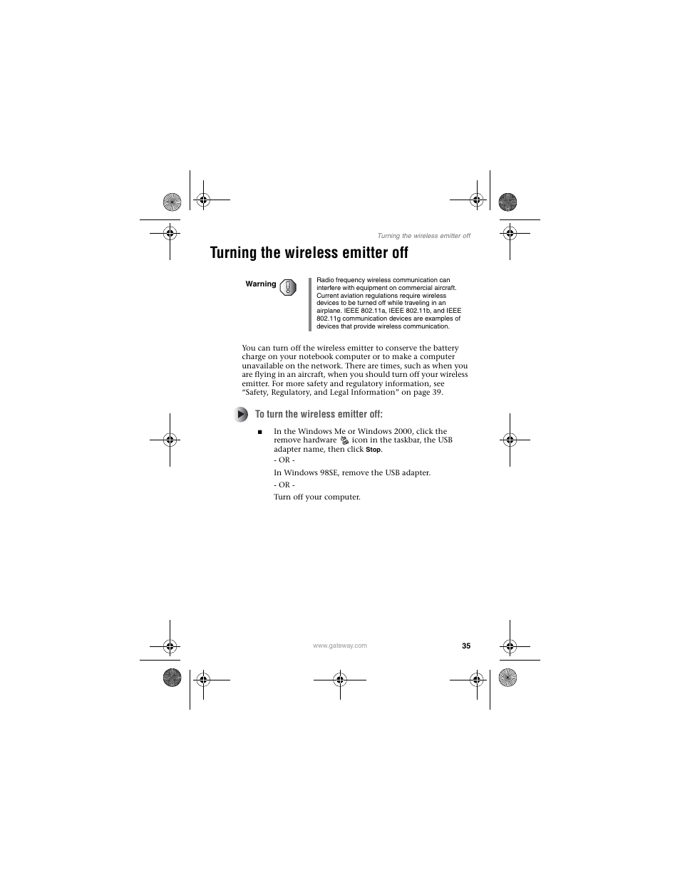 Turning the wireless emitter off | Gateway WBU-110 User Manual | Page 39 / 52