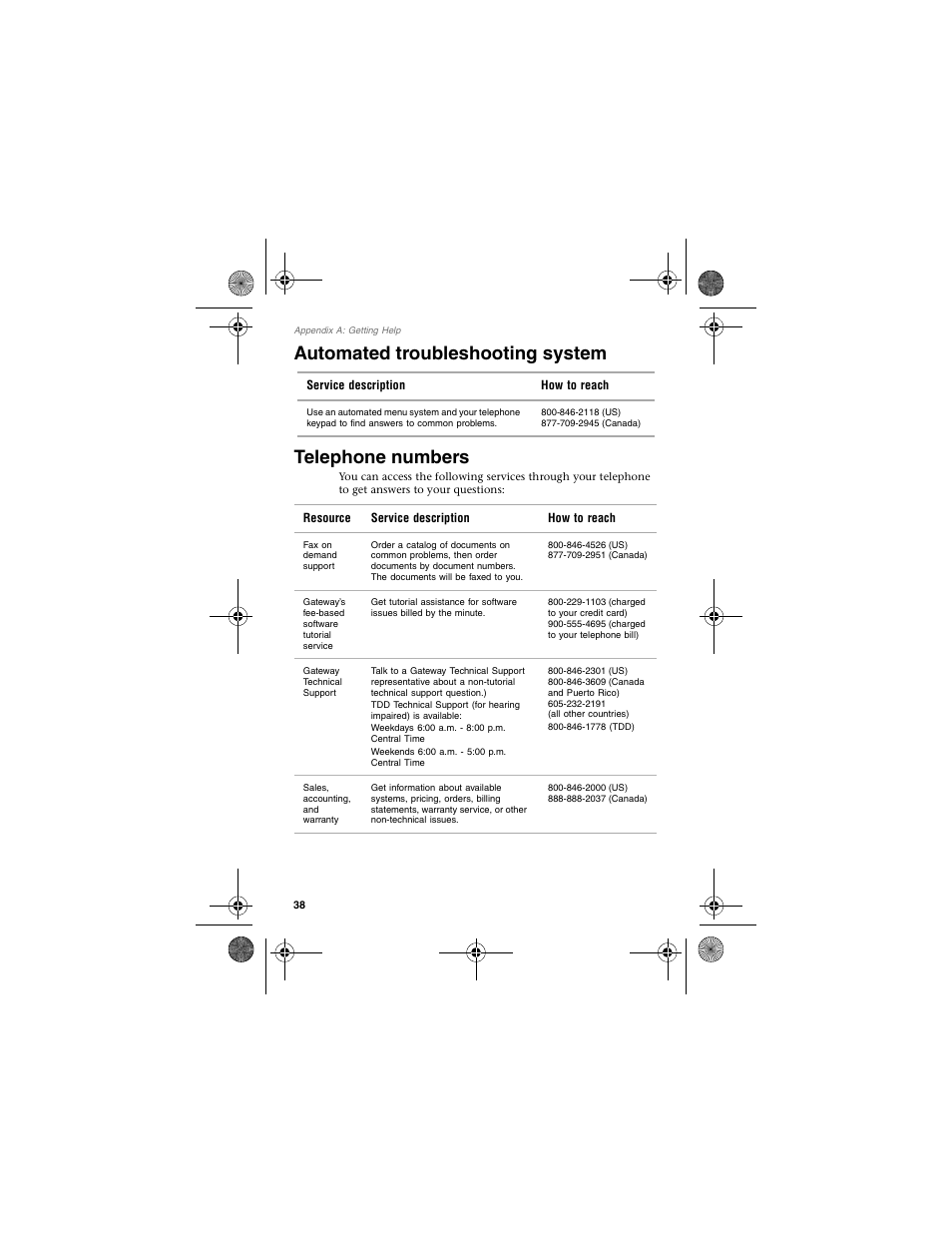 Automated troubleshooting system, Telephone numbers, Automated troubleshooting system telephone numbers | Gateway WBU-110 User Manual | Page 42 / 52
