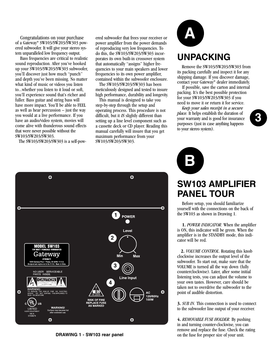 Unpacking, Sw103 amplifier panel tour | Gateway SW203 User Manual | Page 3 / 8