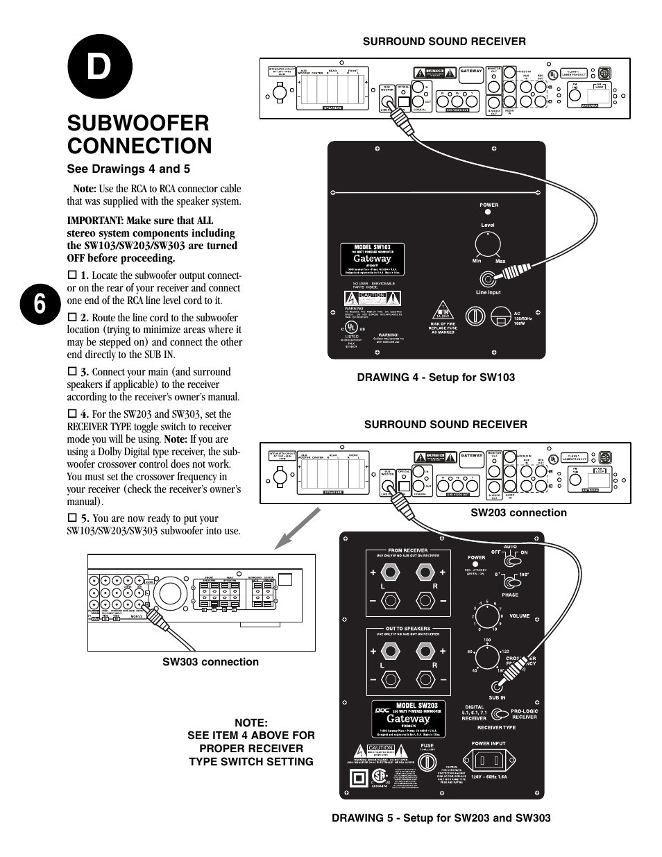 Subwoofer connection | Gateway SW203 User Manual | Page 6 / 8