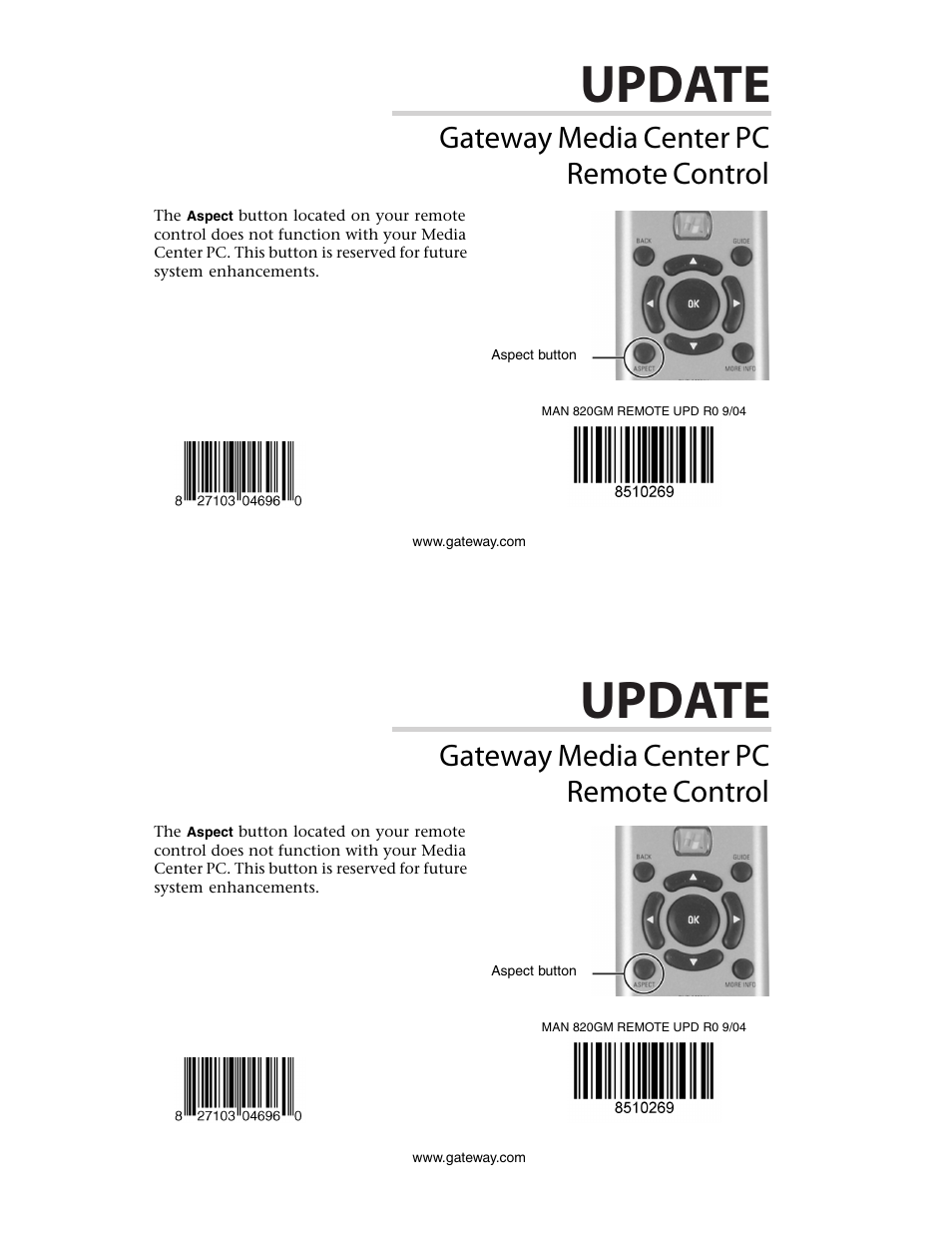 Gateway Update MAN 820GM User Manual | 1 page