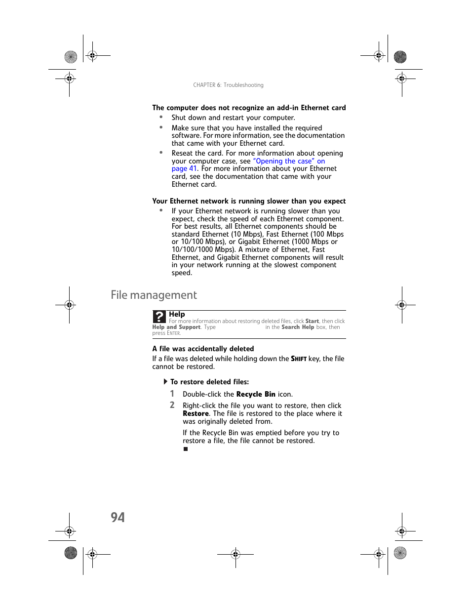 File management, A file was accidentally deleted, To restore deleted files | Gateway MAN FX510 User Manual | Page 100 / 150
