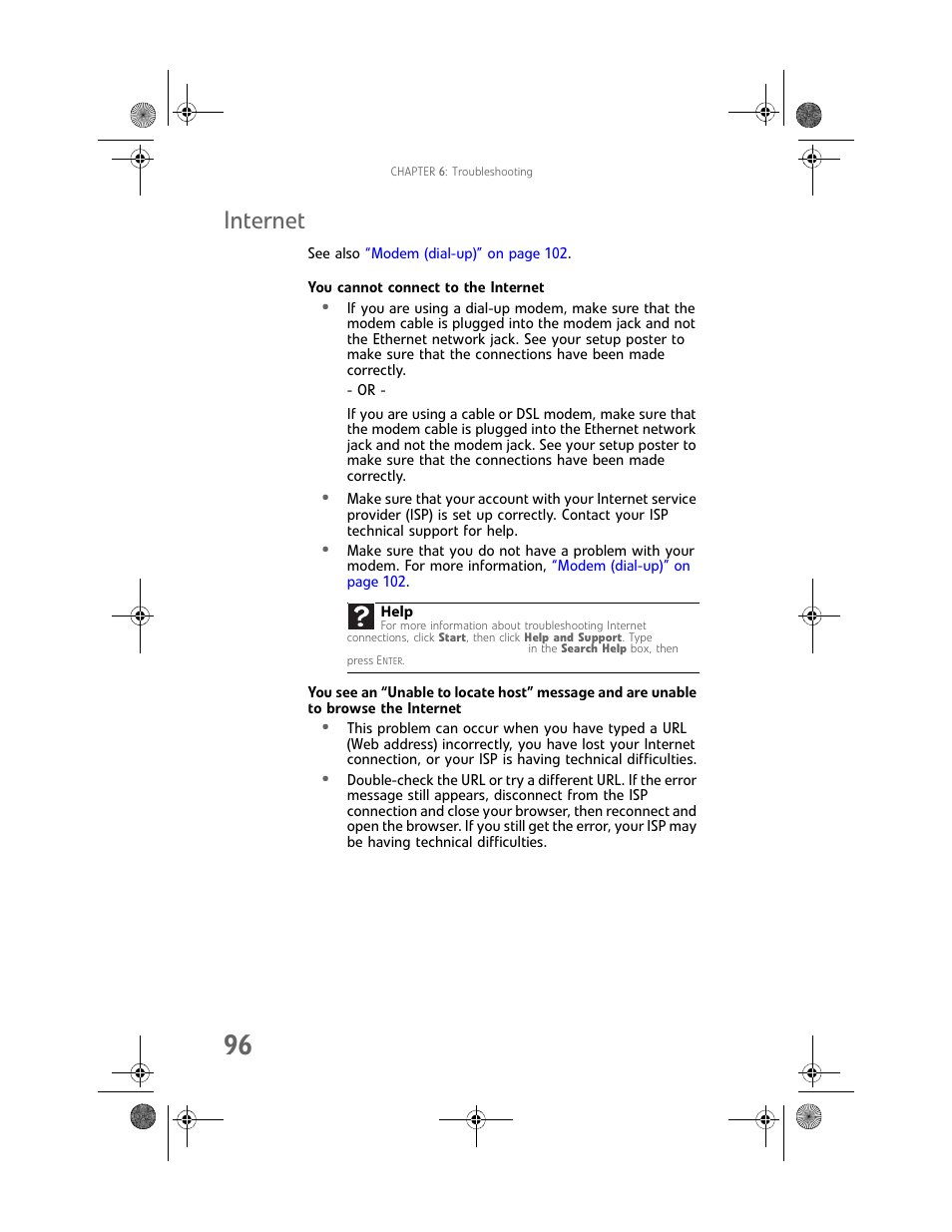 Internet, You cannot connect to the internet | Gateway MAN FX510 User Manual | Page 102 / 150