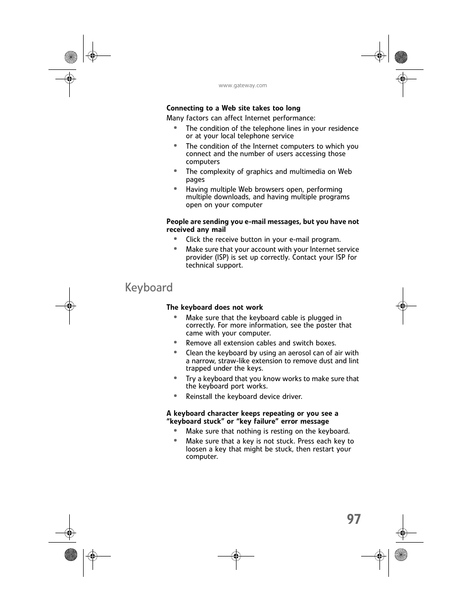 Connecting to a web site takes too long, Keyboard, The keyboard does not work | Gateway MAN FX510 User Manual | Page 103 / 150