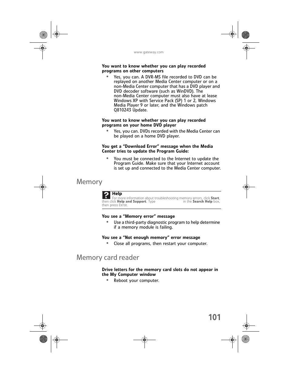 Memory, You see a “memory error” message, You see a “not enough memory” error message | Memory card reader, Memory memory card reader | Gateway MAN FX510 User Manual | Page 107 / 150