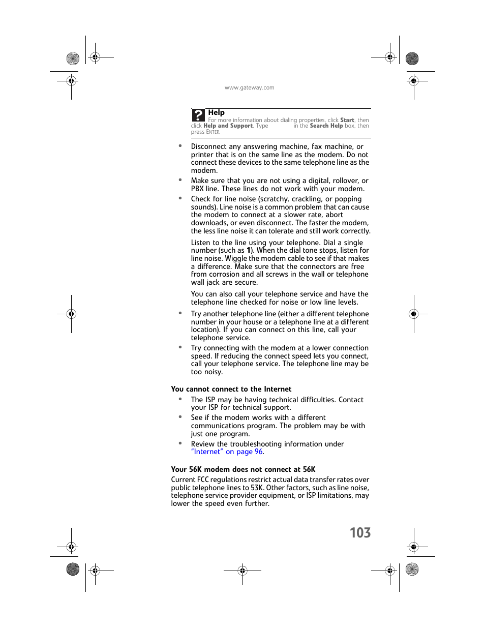 You cannot connect to the internet, Your 56k modem does not connect at 56k | Gateway MAN FX510 User Manual | Page 109 / 150