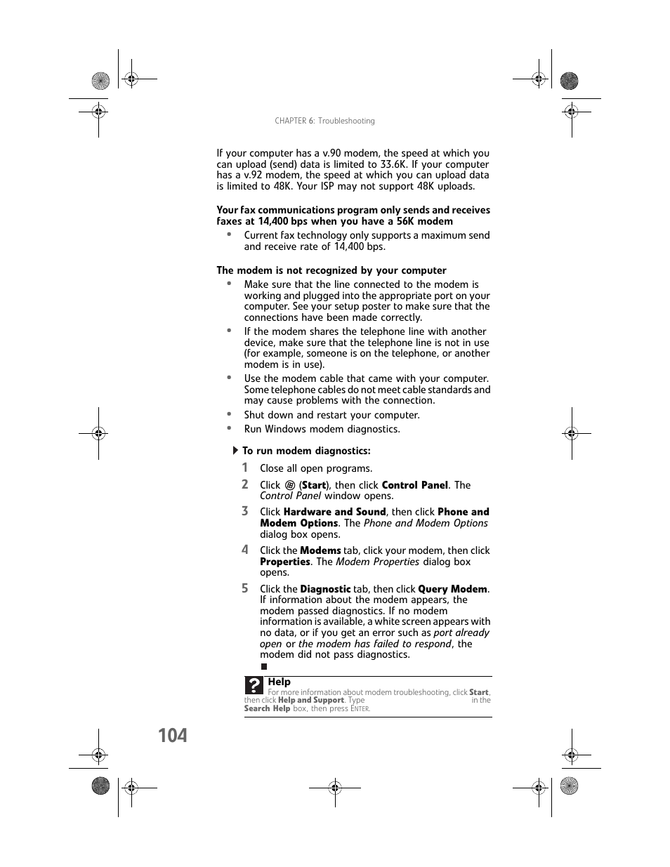 The modem is not recognized by your computer, To run modem diagnostics | Gateway MAN FX510 User Manual | Page 110 / 150