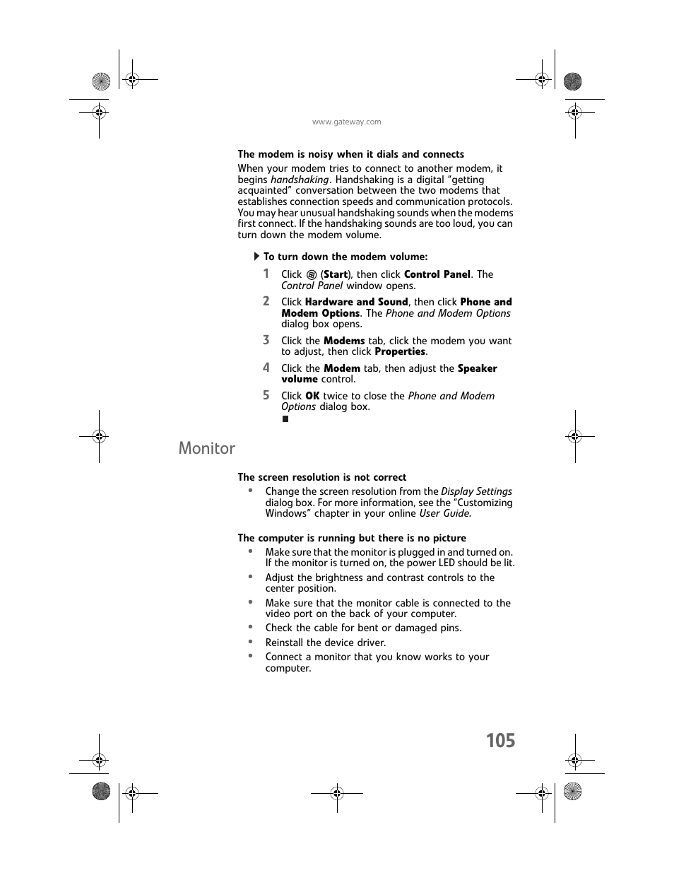 The modem is noisy when it dials and connects, To turn down the modem volume, Monitor | The screen resolution is not correct, The computer is running but there is no picture | Gateway MAN FX510 User Manual | Page 111 / 150
