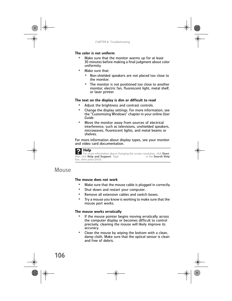 The color is not uniform, Mouse, The mouse does not work | The mouse works erratically | Gateway MAN FX510 User Manual | Page 112 / 150